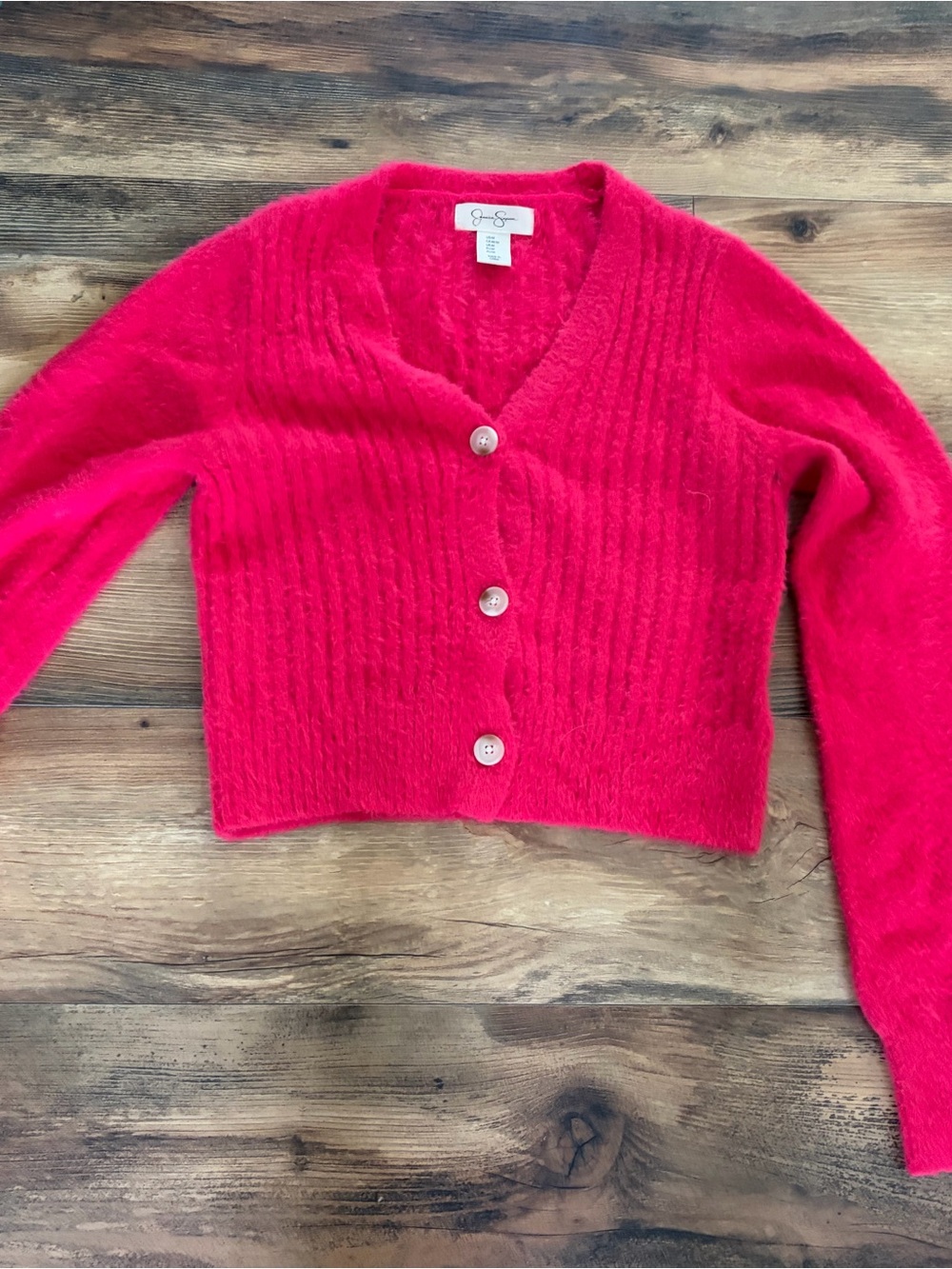 Jessica Simpson Hot Pink Fuzzy V-Neck Button Cardigan